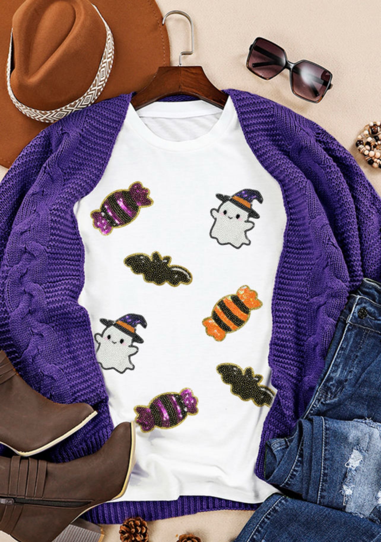 Sequin ghost, candy, and bats tshirt