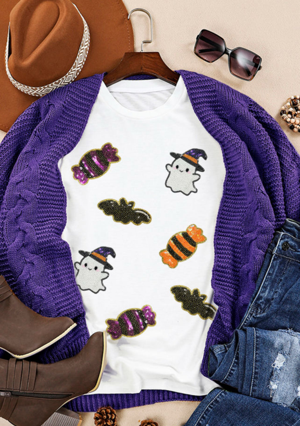 Sequin ghost, candy, and bats tshirt