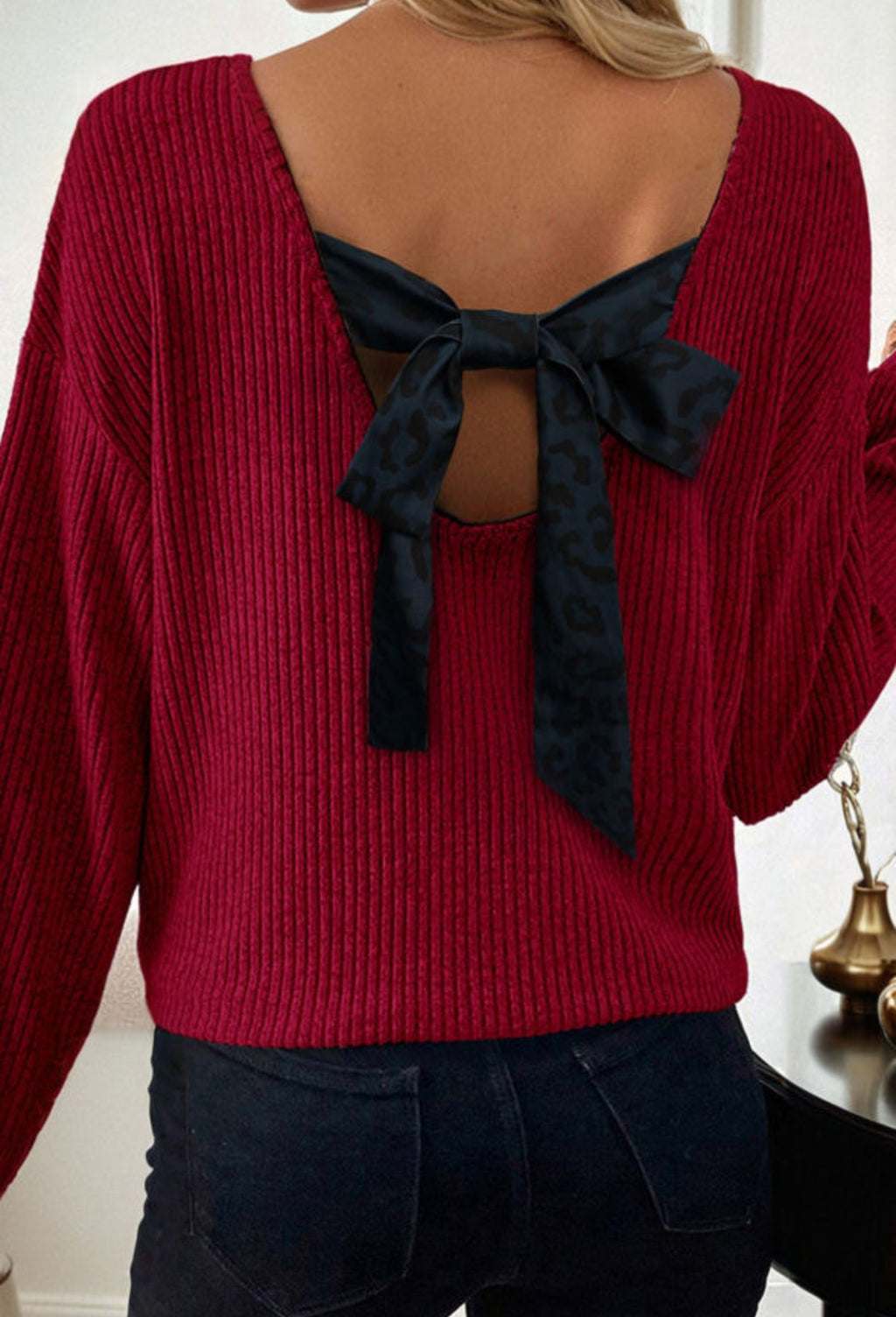 Textured Knit Blouse with Animal Print Bow