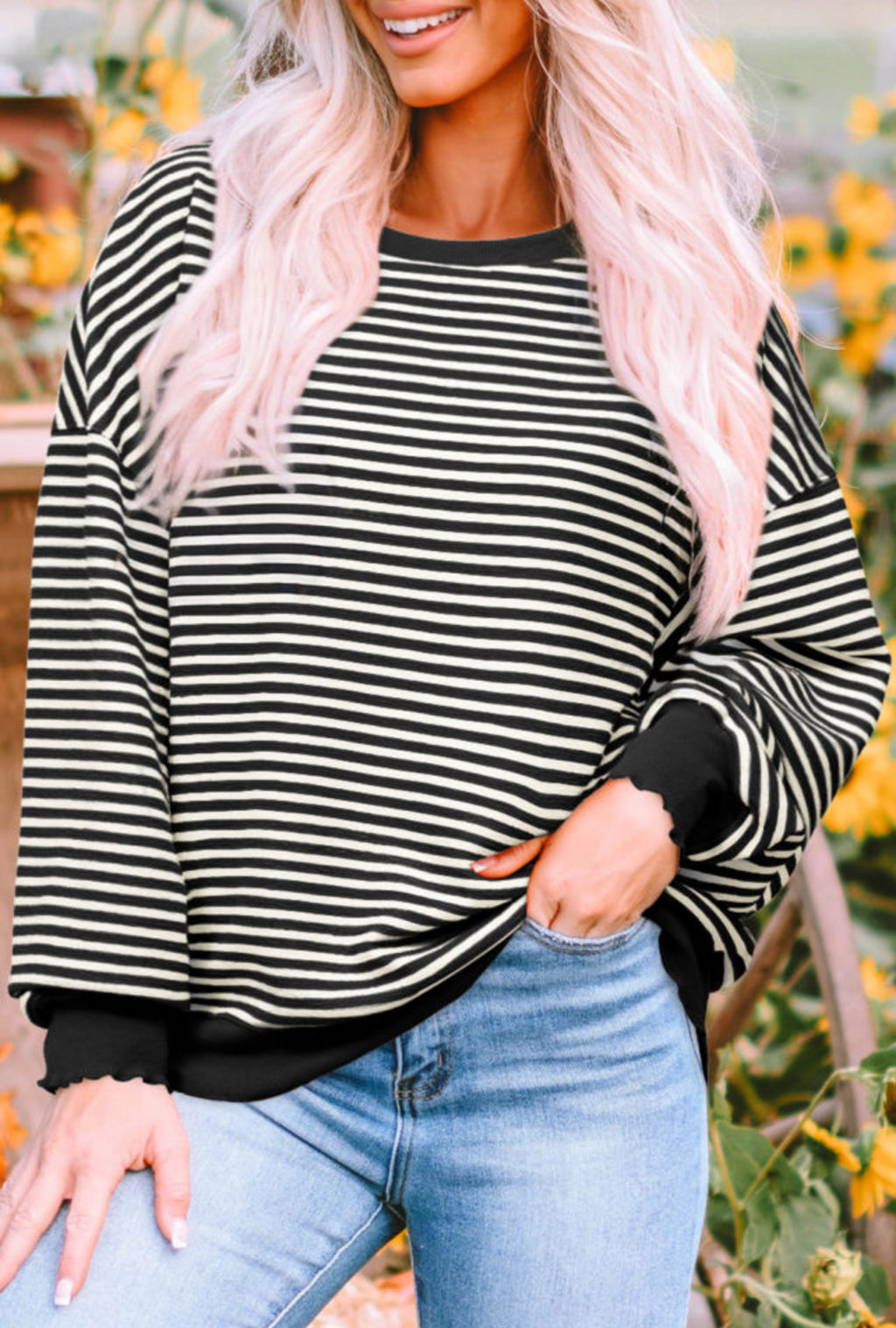 Black stripe drop shoulder long sleeve top
