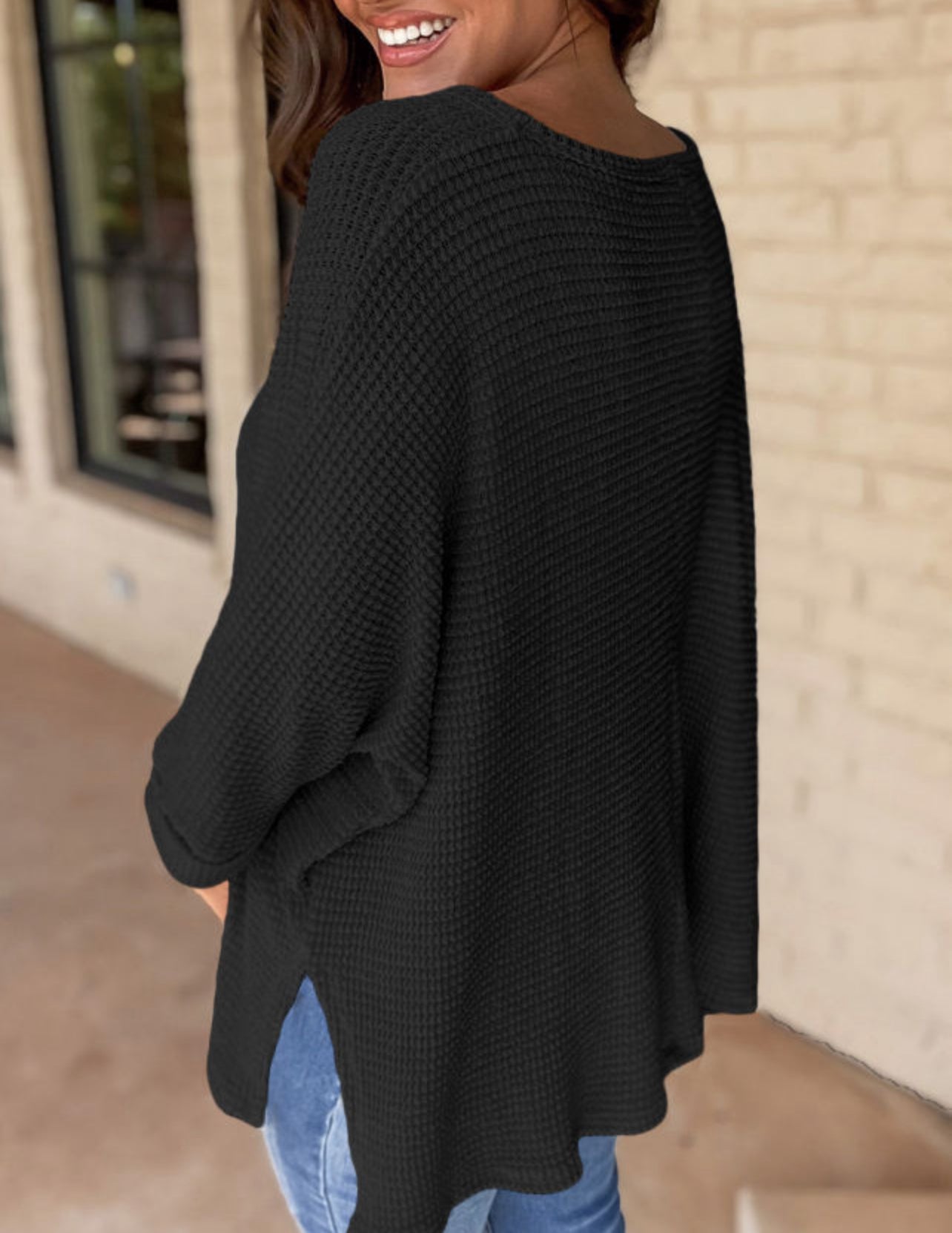 Black waffle knit blouse