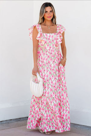 Pink Floral Square Neck Maxi