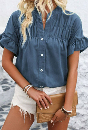 Ruched Ruffle Sleeve Blouse