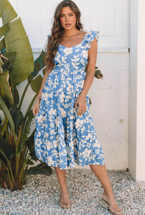 U Neck Floral Midi Dress