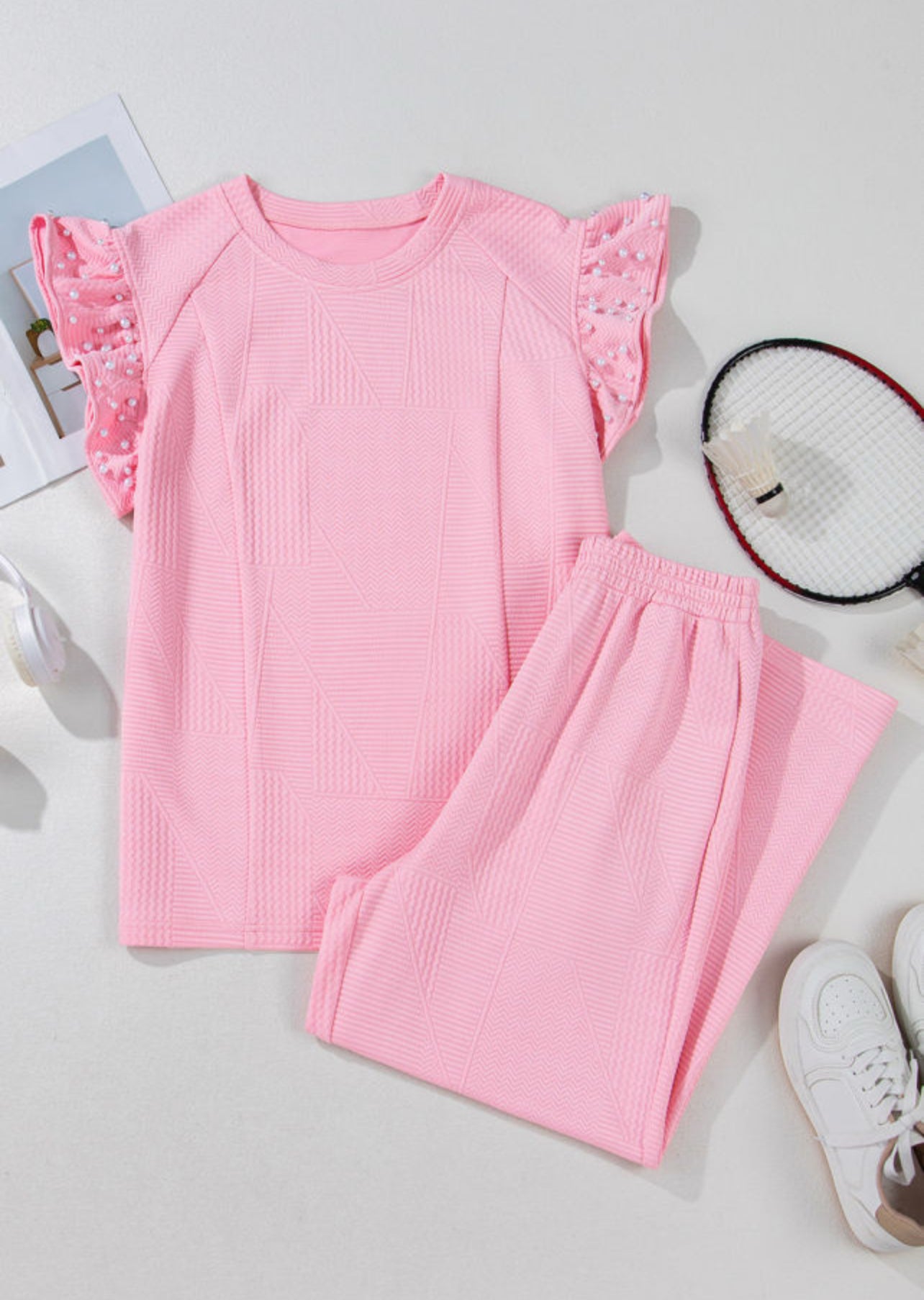 Pearl Sleeve Pink Textured Set