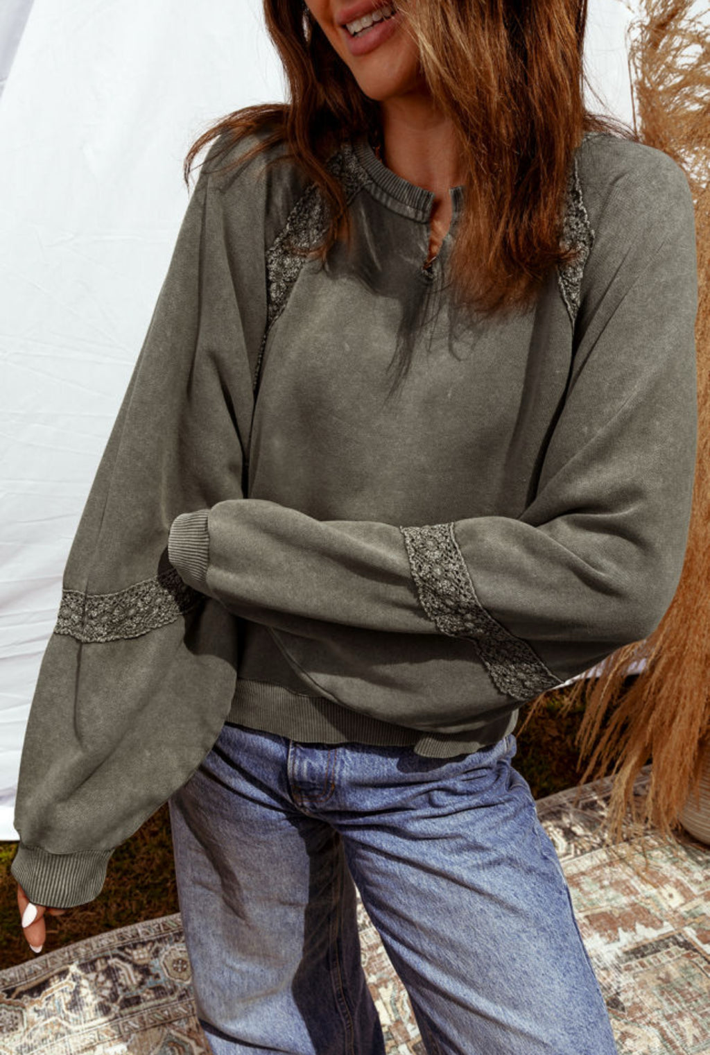Green Acid Washed Pullover with Lace Details