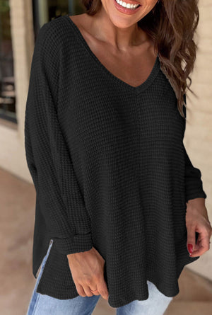 Black waffle knit blouse