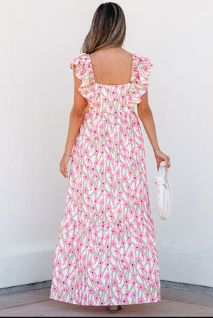 Pink Floral Square Neck Maxi