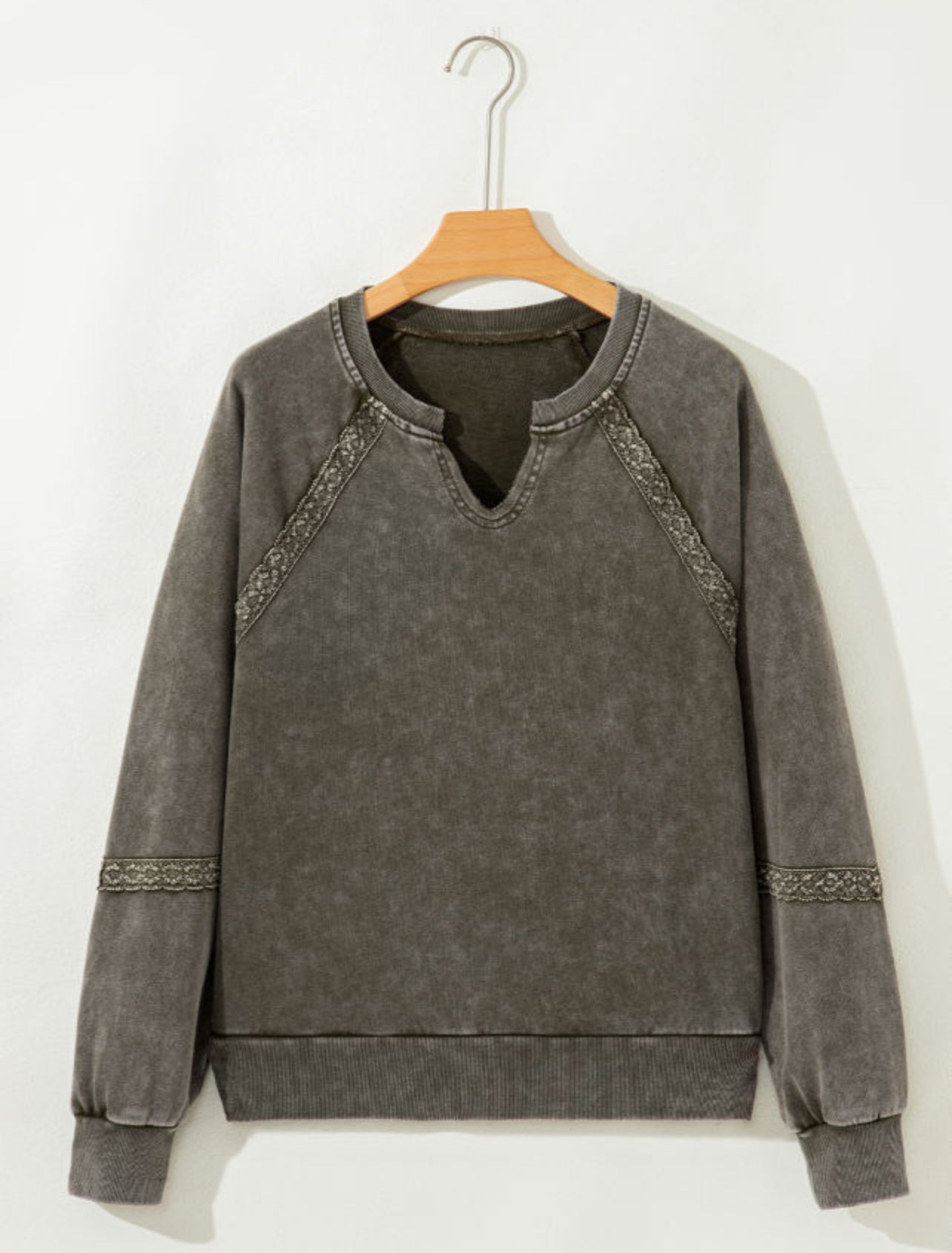 Green Acid Washed Pullover with Lace Details
