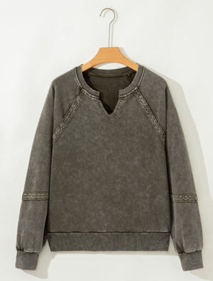 Green Acid Washed Pullover with Lace Details
