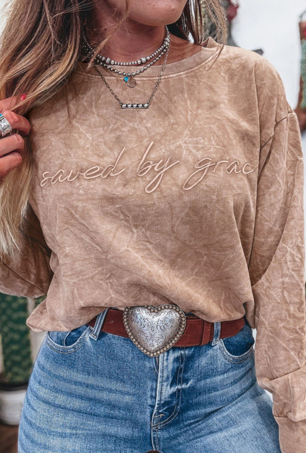 Mineral Washed Saved By Grace Embroidered Pullover