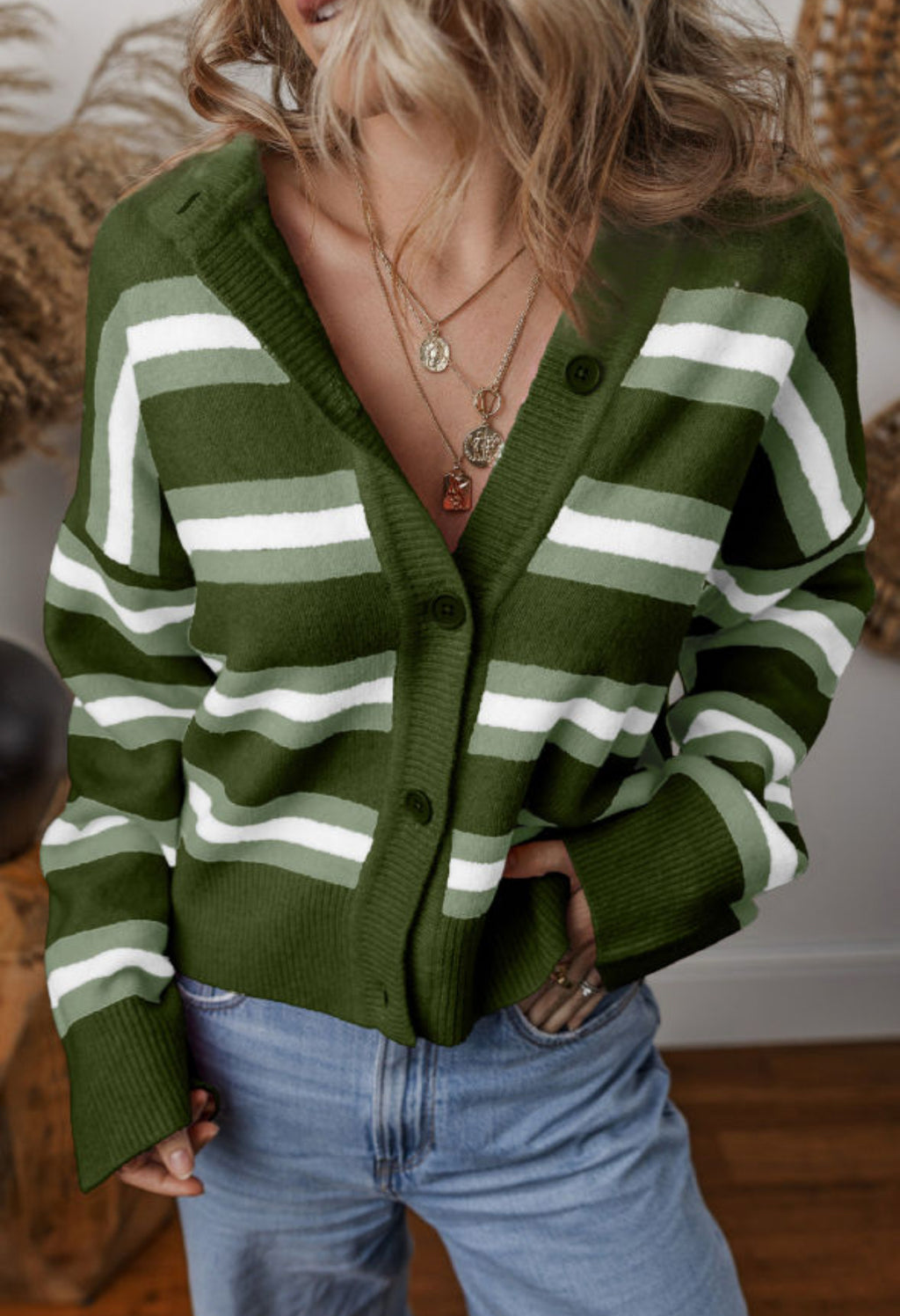Green Striped Cardigan