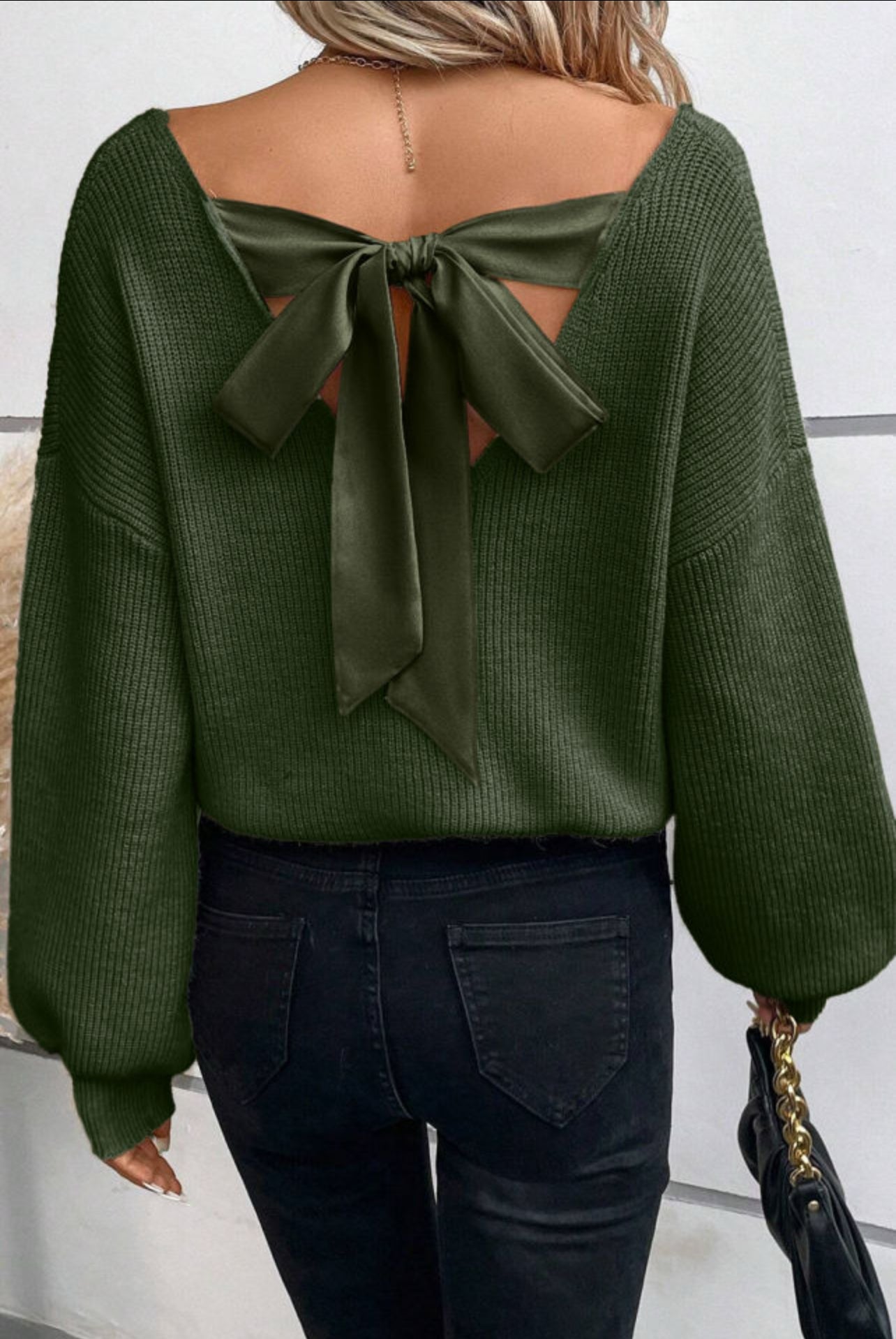 Green Vneck Sweater with Tie Back