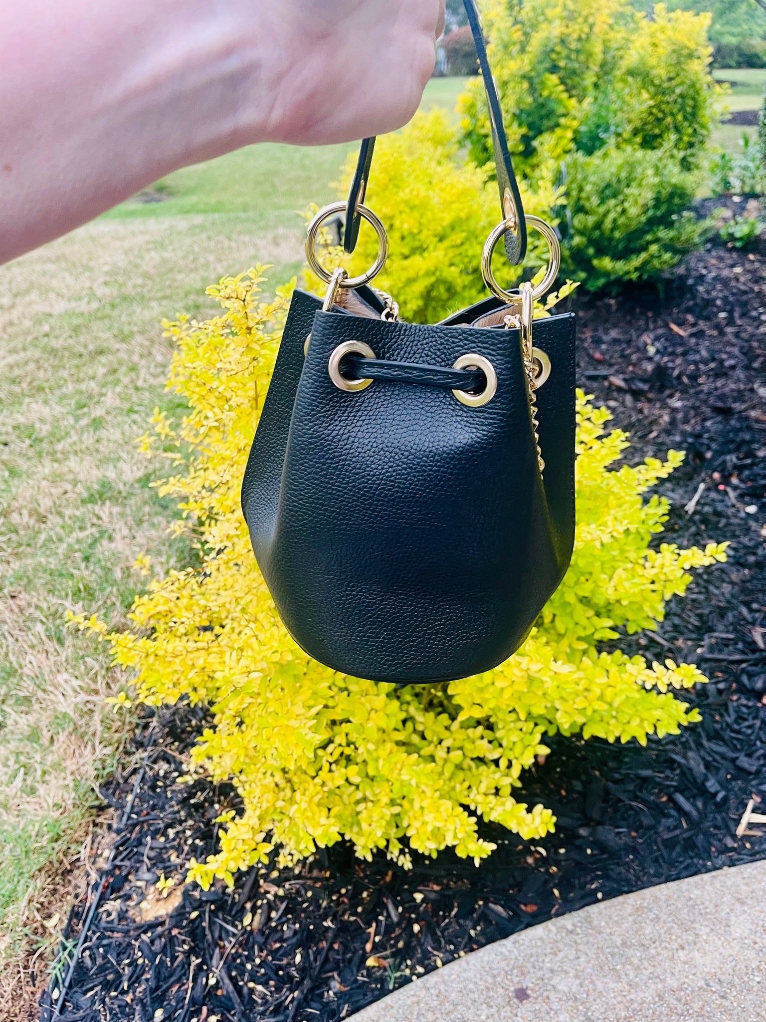 Cowhide Bucket Bag w/ Crossbody Chain