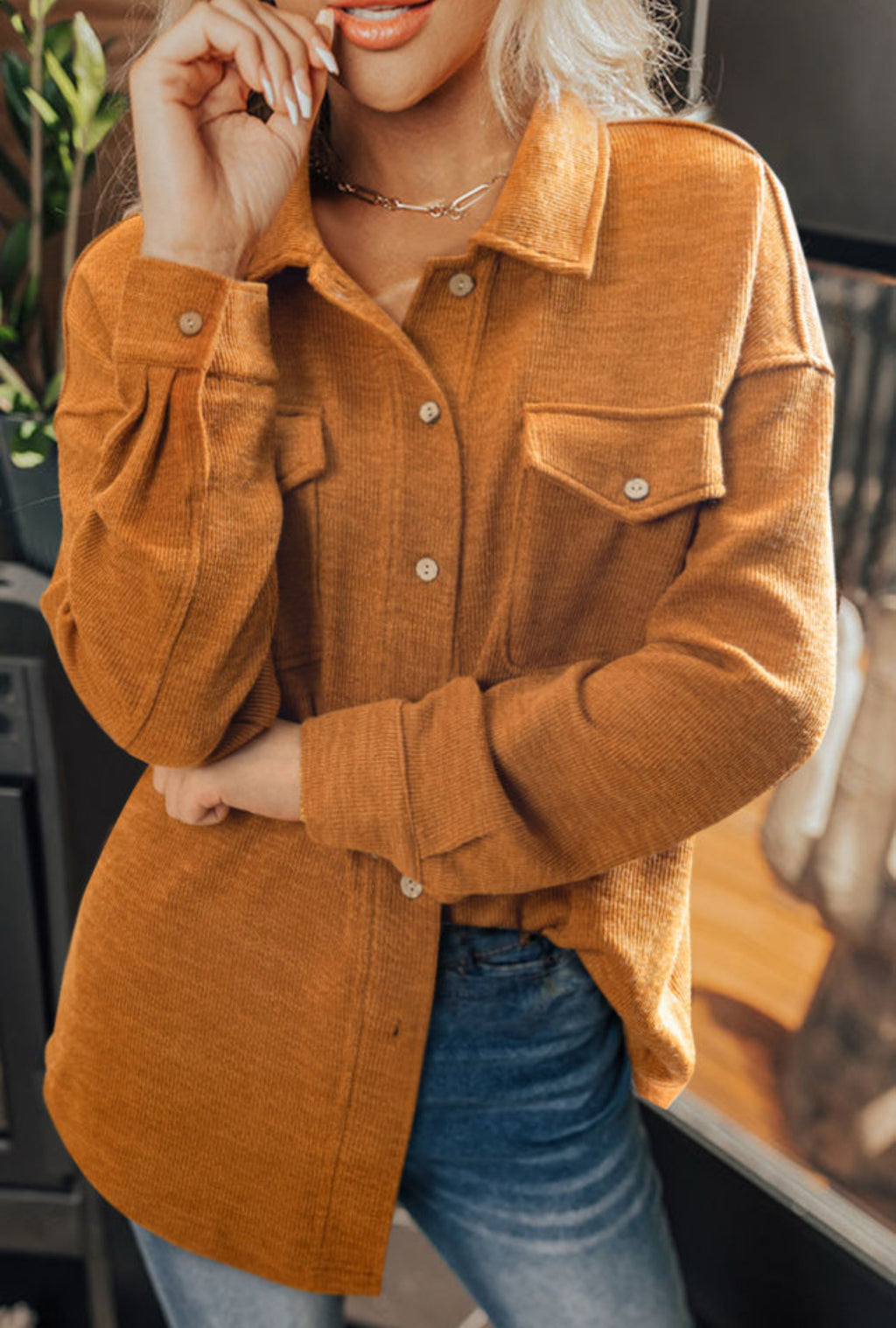 Knit Flap Pocket Button Down Shirt
