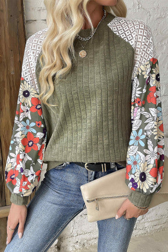 Floral Sleeve Ribbed Blouse