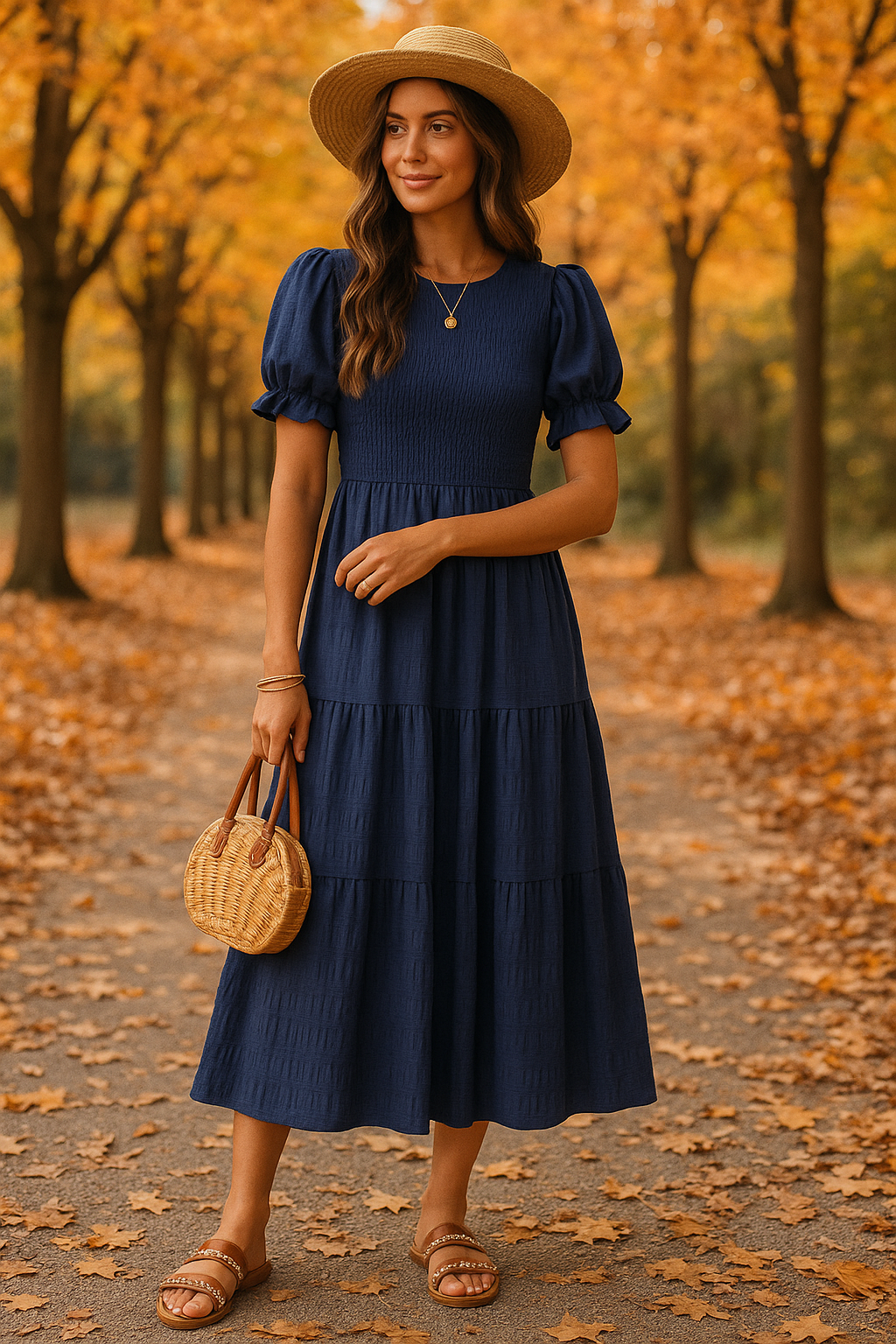 Smocked Textured MIDI Dress